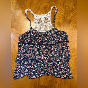 Women’s XS Ruffled Floral Crop Tank with Crocheted Back